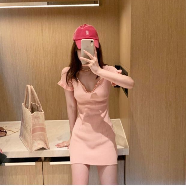 Đầm SUXI dệt kim ngắn tay màu sắc đơn giản thời trang hè cho nữ