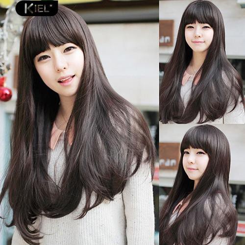 Tóc giả nữ dài mái ngố kiểu thẳng cúp đuôi thời trang + mũ đội tóc giả đi kèm
