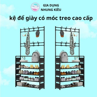 Kệ để giày dép, Kệ đựng giày thông minh đa năng chữ L 4 tầng, Giá để giày dép có móc treo quần áo