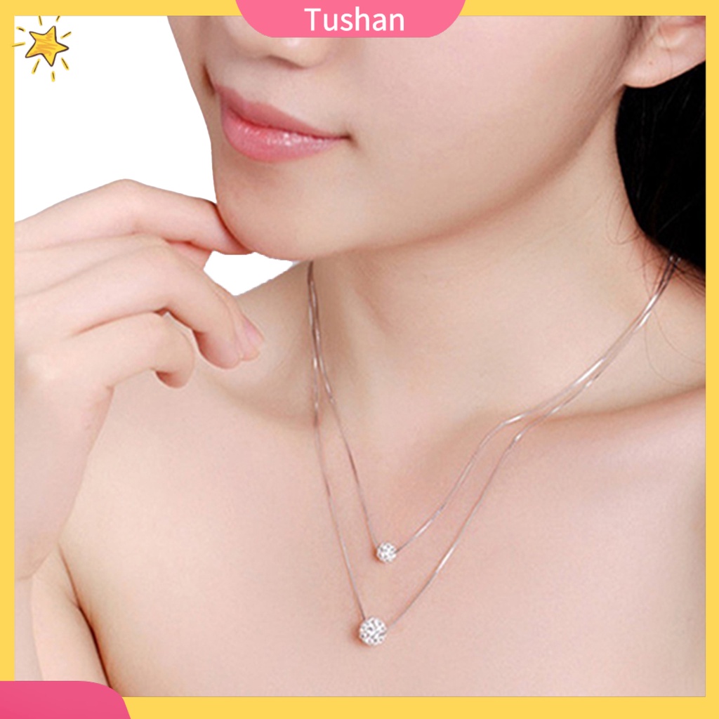 TUSH_Women's Simple Luxury Inlaid Rhinestone Bead Double-layer Chain Necklace Jewelry