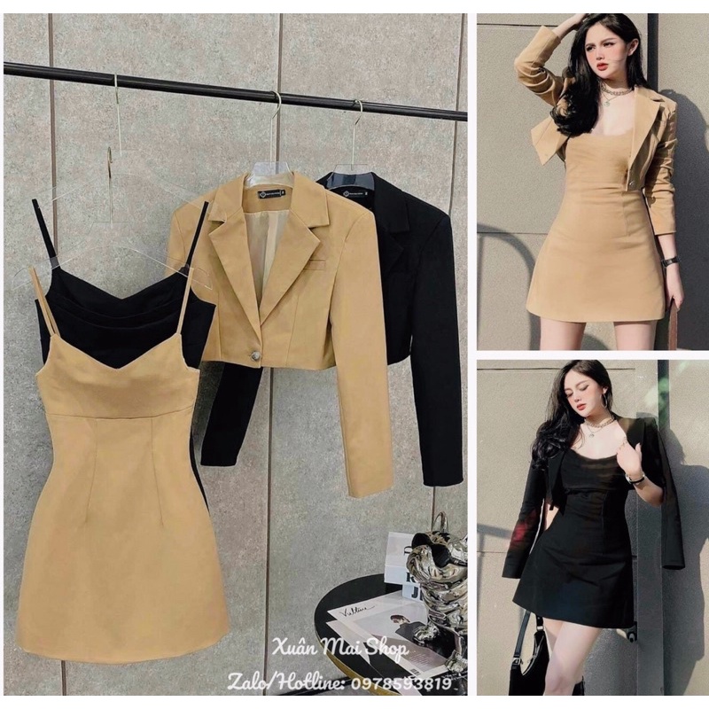 Set đầm hai dây phối cùng áo vest croptop hai màu siêu sang chảnh