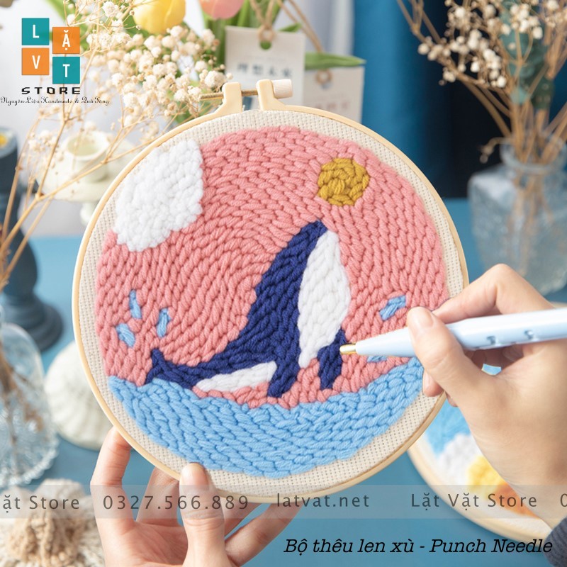 Bộ Thêu Len Xù Cá Voi Xanh DIY Punch Needle Whale, có hướng dẫn