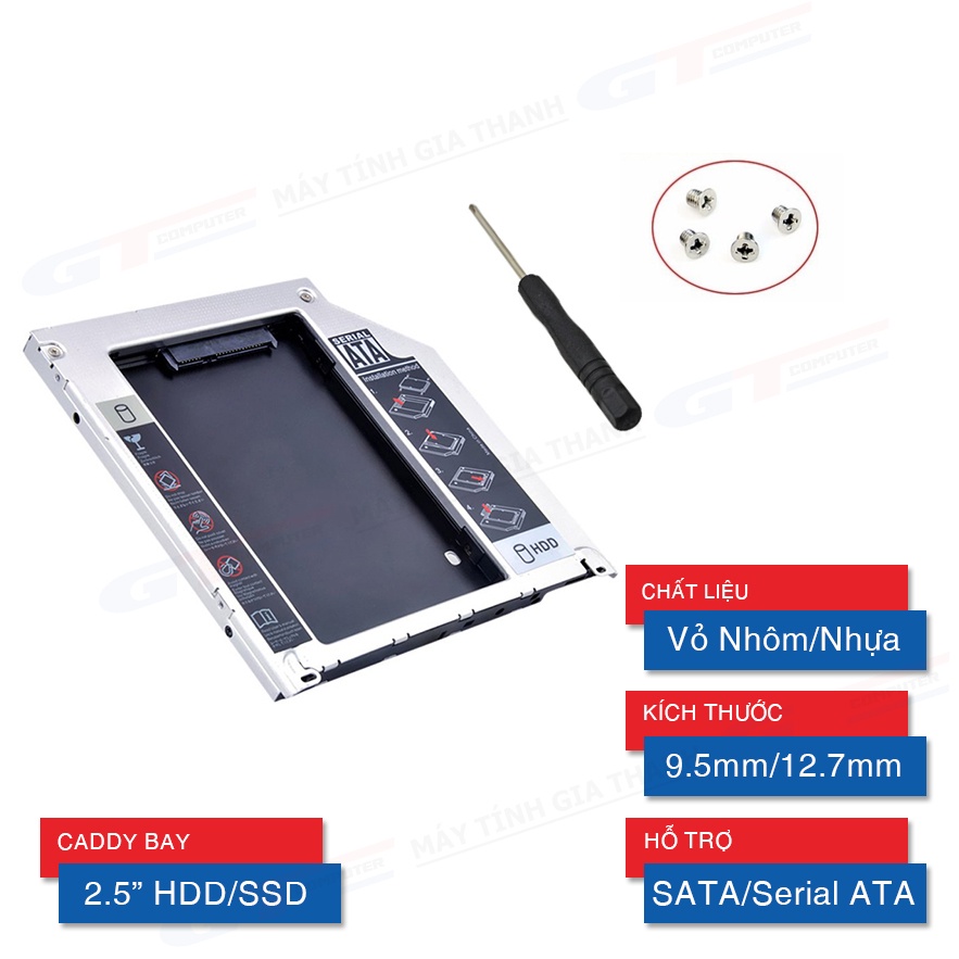 Khay Đựng Ổ Cứng SSD, Caddy Bay 12.7mm (dày) / 9.5mm (mỏng) - Gắn SSD, HDD Thay Cho Ổ DVD Laptop