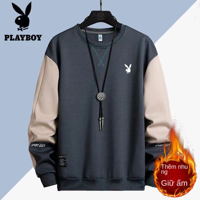 Áo len cotton Playboy nam mùa xuân và mùa thu mới cổ tròn dài tay áo phông trên cùng áo sơ mi dưới cùng kết hợp rộng rãi