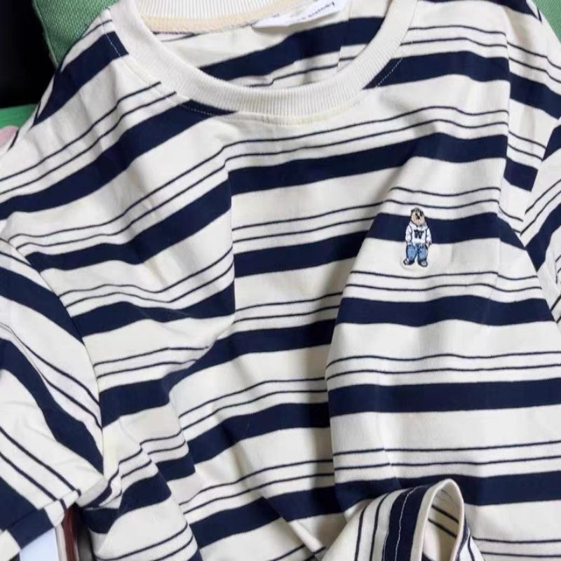 Áo phông áo thun nữ kẻ ngang thêu hình gấu phong cách Hàn Quốc