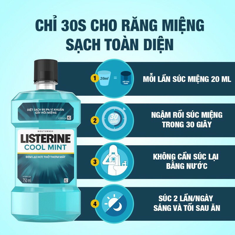 Nước súc miệng diệt khuẩn giữ hơi thở thơm mát Listerine Cool Mint 750ml/chai