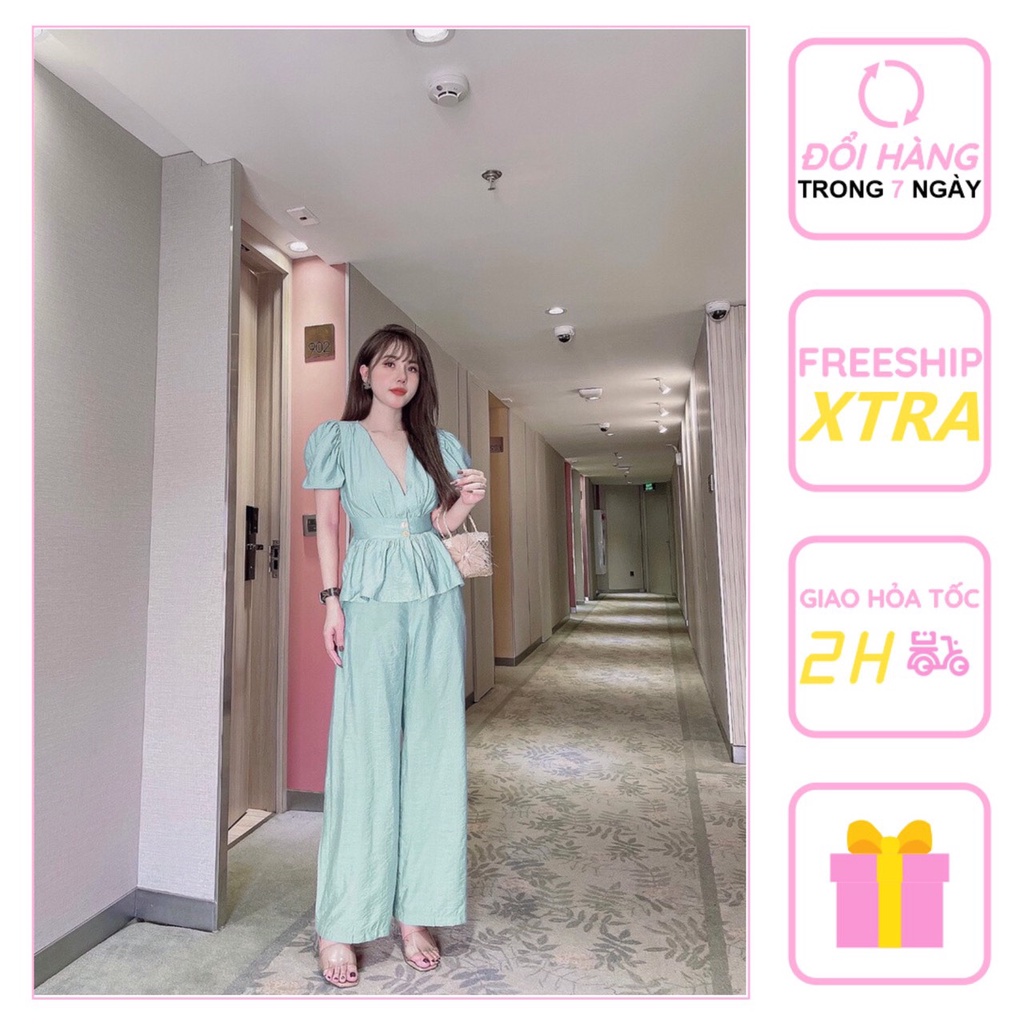 [FREESHIP 50Kg] Set Bộ Kiểu Nhistore -Bộ Quần Dài Ống Rộng Áo Cổ Đắp Tay Phồng Vải Gân Xước Freesize Dưới 57kg