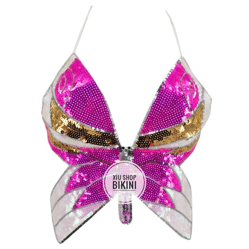 Áo Croptop 2 dây dáng cánh b.ướm kim sa đan dây chéo sau