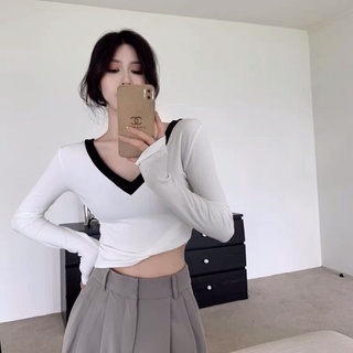 Áo kiểu thun croptop tay dài cổ tim phối màu basic cho nữ