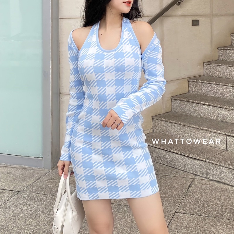 Cardigan croptop và váy dệt kim halter kẻ caro 2 màu xanh và đen