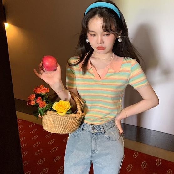 【ZHELIHANGFEI】Áo Thun POLO Tay Ngắn Cổ POLO Họa Tiết Kẻ Sọc Phối Dây Rút Thời Trang Trẻ Trung