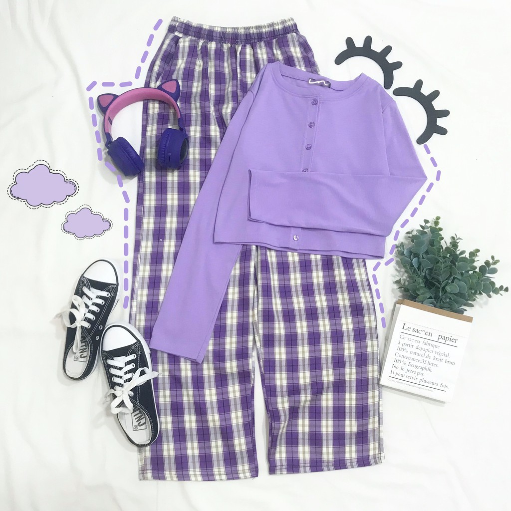 ULZZANG - SET ULZZANG - SET CROPTOP TÍM + QUẦN CARO MÀU TÍM - ÁO CROPTOP GÀI NÚT ULZZANG - PLAID PANTS - CROPTOP TAY DÀI