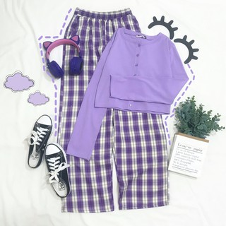 ULZZANG - SET ULZZANG - SET CROPTOP TÍM + QUẦN CARO MÀU TÍM - ÁO CROPTOP GÀI NÚT ULZZANG - PLAID PANTS - CROPTOP TAY DÀI