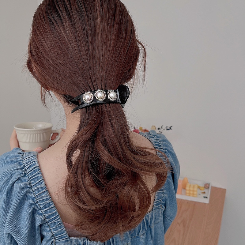 Kẹp Tóc Cá Mập Phủ Lông Hoa Trà Vỏ Sò Trang Nhã Tạo Kiểu Đuôi Ngựa