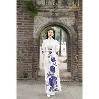 Áo dài lụa trắng họa tiết hoa tím - Thời trang nữ H&H Luxury
