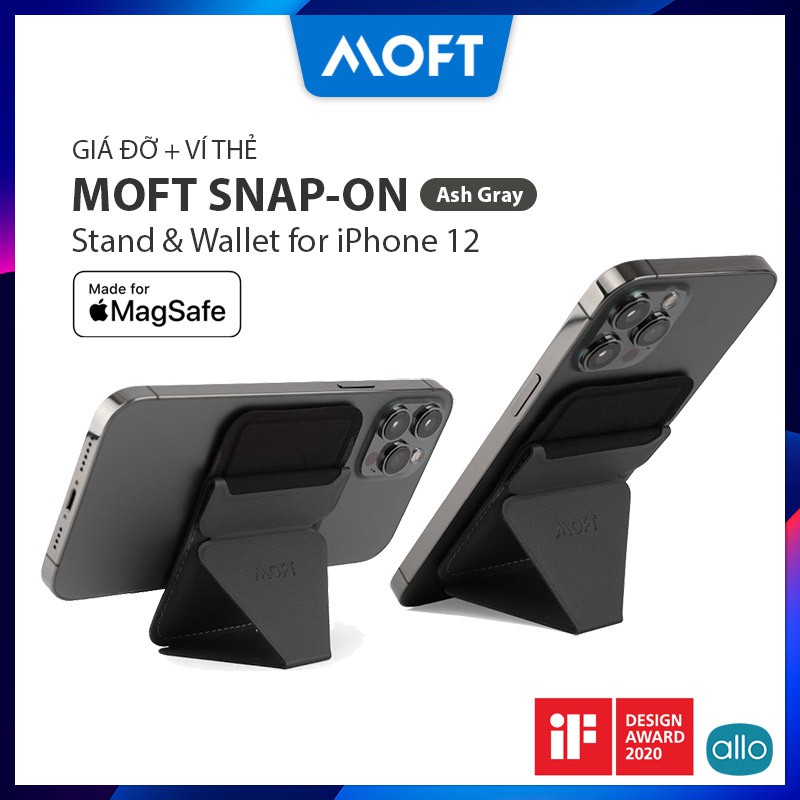 MOFT Snap-On Ash Gray Giá Đỡ + Ví Thẻ, Tích Hợp MagSafe Từ Tính, Ngăn Để 3 Thẻ Card, Dùng Cho iPhone 12/11/X Series