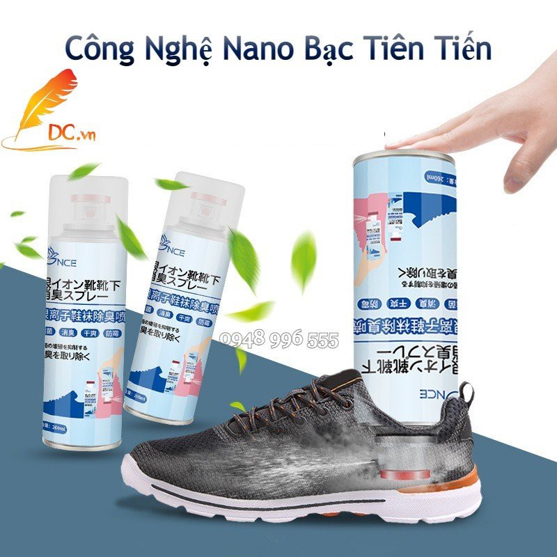 [Loại 1 - 1 Đổi 1]  Xịt khử mùi giày Nano Bạc mùi dịu nhẹ 260ml chai xịt ngược khử mùi giày dép tủ giày hiệu quả