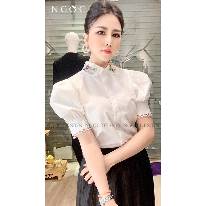 Áo sơ mi nữ công sở cổ hoa cộc tay thanh lịch