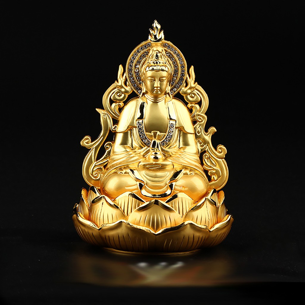 Tượng Phật Bà Quan Thế Âm Bồ Tát hai mặt trang trí Taplo Ô Tô Xe Hơi tọa đài sen vàng đính đá cao cấp