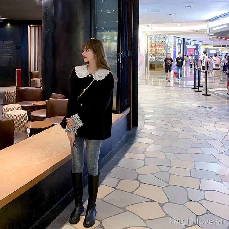 ❤Nước hoa quà tặng❤Đen Áo Khoác Cardigan Tay Dài Dáng Rộng Phối Ren Thời Trang Cho Nữ