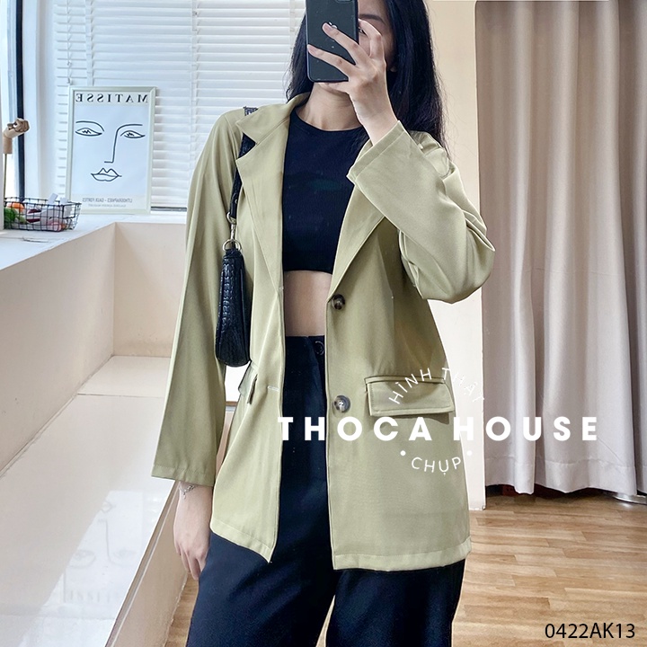 Blazer khoác vest nữ tay dài túi hộp trơn xanh lá mạ THOCA HOUSE phong cách Hàn Quốc công sở, dự tiệc