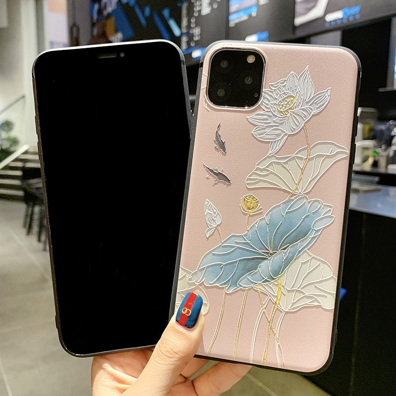 Ốp điện thoại tpu mềm mặt nhám họa tiết lá sen và gian hàng 3d cho Compatible for IPHONE 12 MINI 11 PRO X XR XS MAX SE 2020 7 8 PLUS
