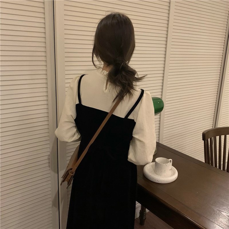 Đầm nhung chữ A cổ tròn dài tay hai lớp phong cách cổ điển 48375