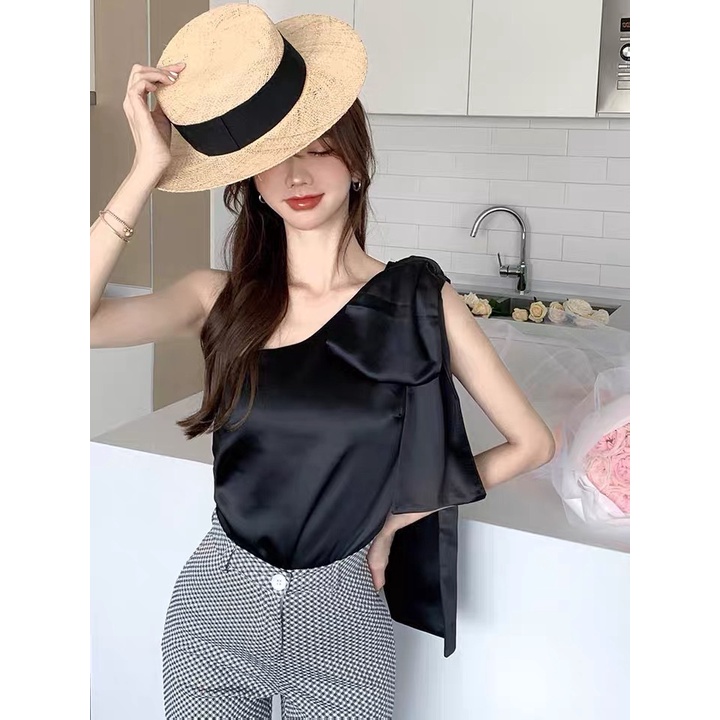 Áo lụa nữ kiểu Hàn Quốc buộc nơ áo kiểu trễ vai nữ sang chảnh tiểu thư xịn xò K4T5-3