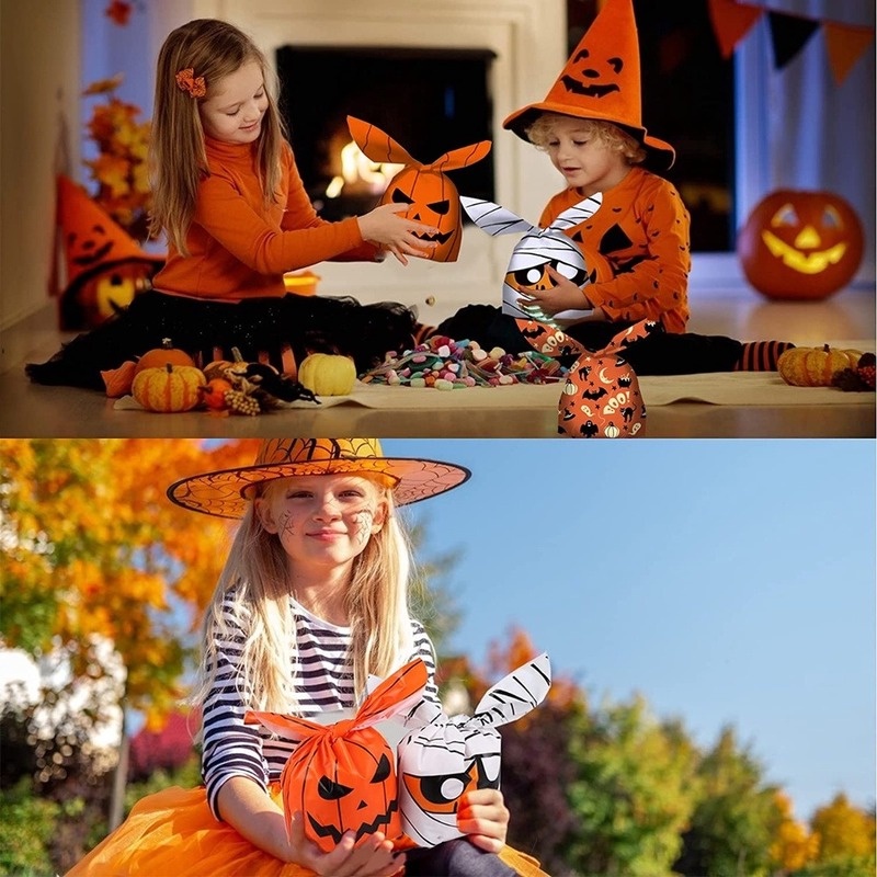Set 50 Túi Nhựa Đựng Kẹo Họa Tiết Tai Thỏ / Ma / Bí Ngô Trang Trí Tiệc Halloween
