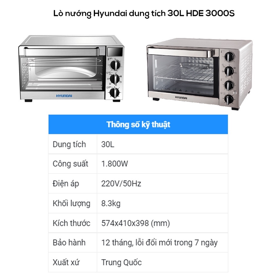 Lò nướng điện, lò nướng đa năng HYUNDAI HDE 3000S 30 lít - HDE 3001S 35 lít, công suất 1500W, bảo hành 12 tháng