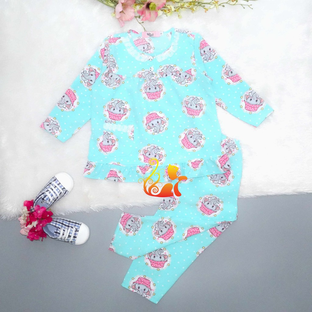 Đồ Pijama Satin Lụa Hàn &quot;Voi nón hồng&quot; Cổ Ren Quần Dài Cho Bé - Từ 12kg - 42kg.