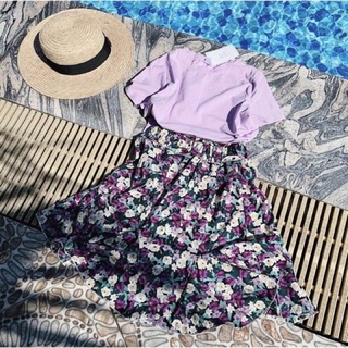Set áo phông tím phối chân váy hoa vintage