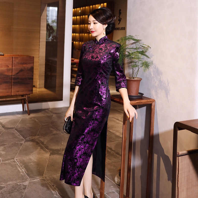 Sườn Xám Dài Cổ Điển Mỏng Cho Nữ Mùa Thu Đông Kích Thước 4XL