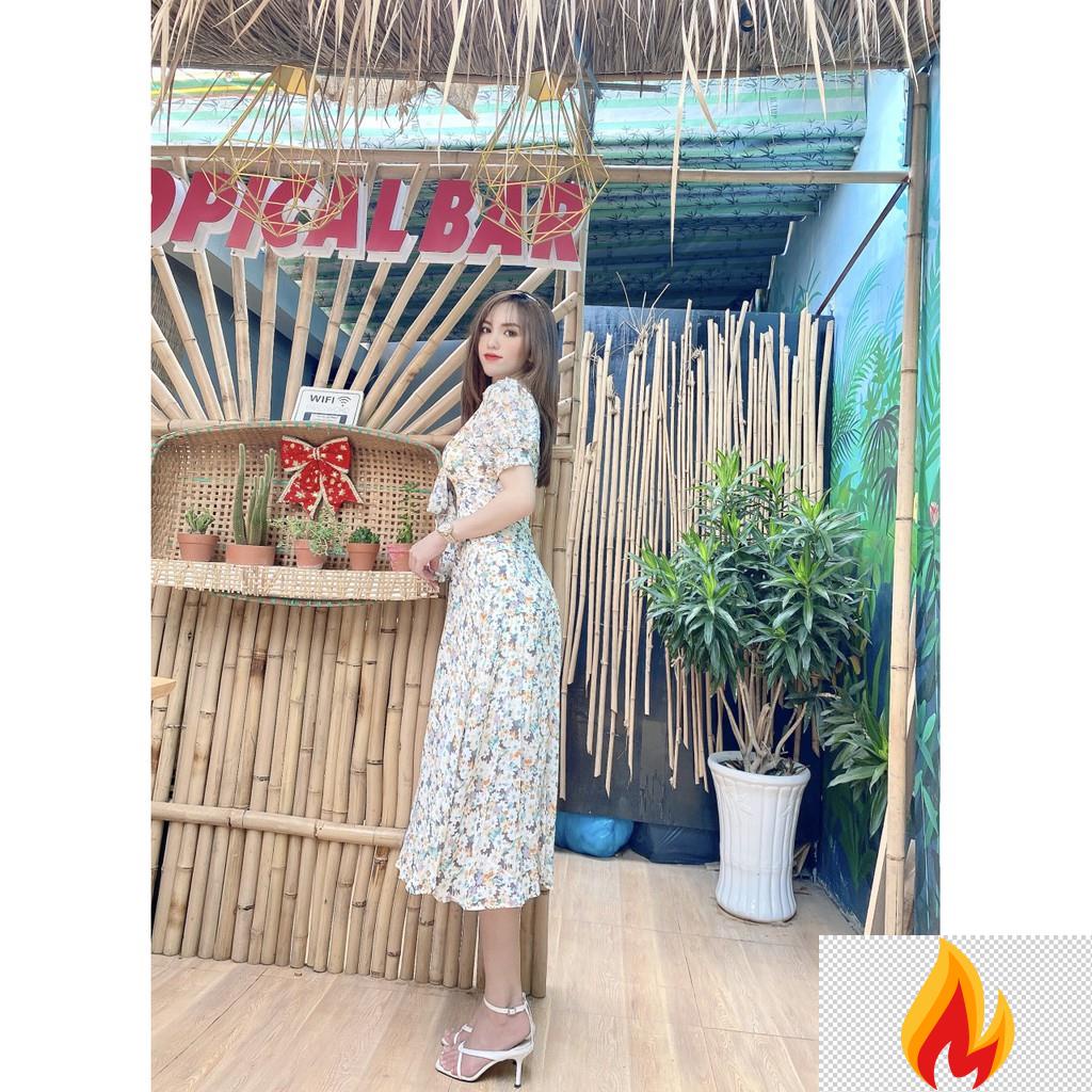 Đầm maxi đi biển váy đi biển hoa tay phồng nơ ngực có ảnh thật -klh(a