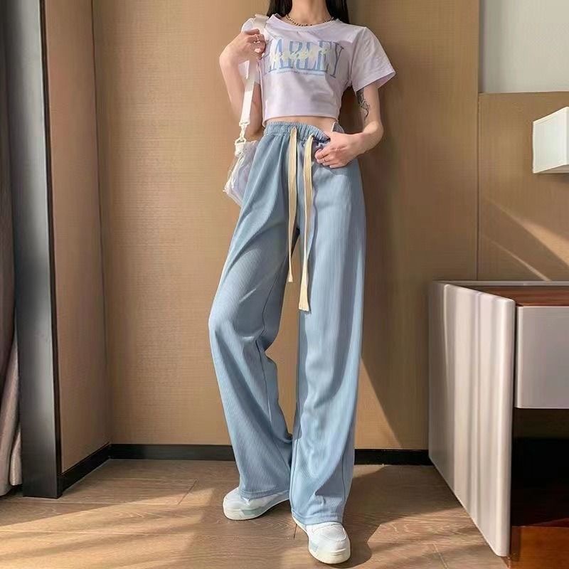 Quần Dài Thể Thao Lưng Cao Ống Rộng Màu Đen Phối Dây Rút Thời Trang Năng Động Cho Nữ