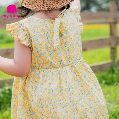 Đầm bé gái họa tiết hoa nhí màu vàng tay cánh tiên  Mylakids chất liệu thô cotton an toàn cho da bé
