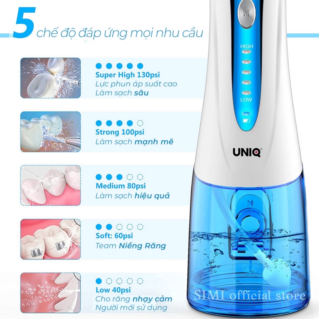 Tăm Nước Cầm Tay UNIQ Smile S1 máy vệ sinh răng miệng waterpik gia đình mini xịt xỉa rửa sạch răng niềng cạo lưỡi 300ml