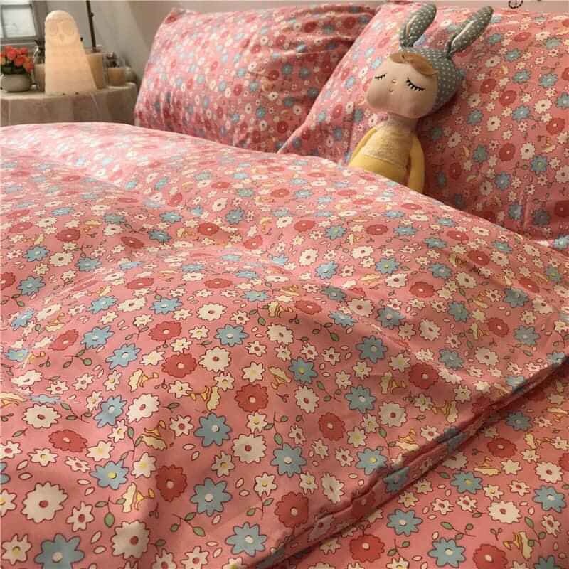 Set Vỏ Chăn Ga Gối Cotton Poly Nhập Khẩu Hoa Nhí Nền Hồng PL93
