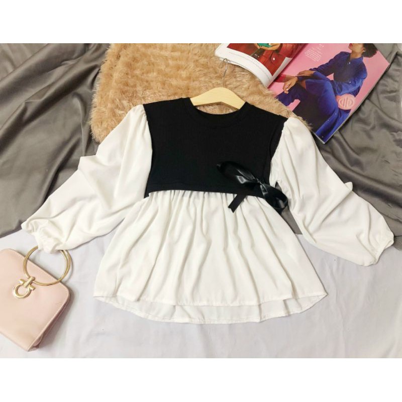 Áo baby doll tay phồng phối màu trắng