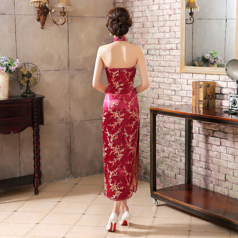 Chinese National Long Cheongsam Plum Sexy Costume Halter Dress Women Dress Qipao