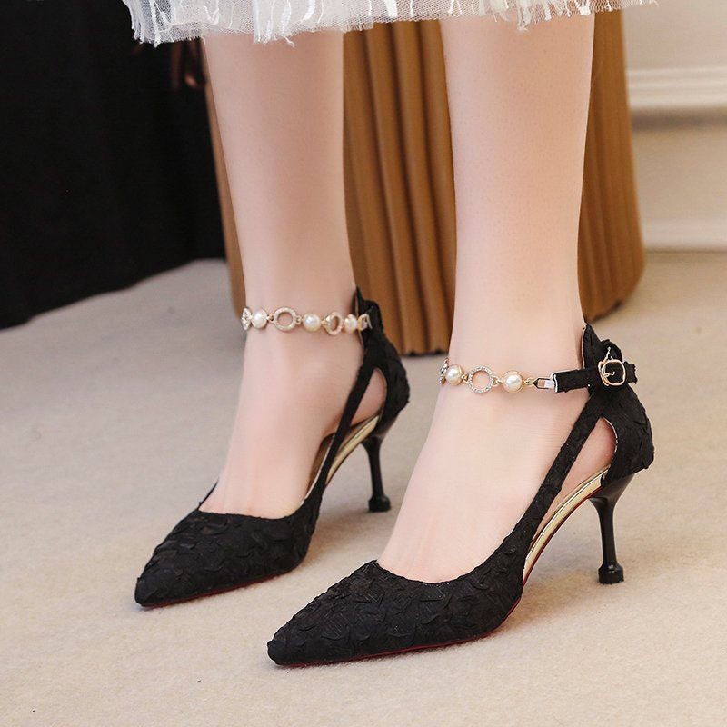 ✟Gentle net red one-word buckle French stiletto high heels pointed toe pearl temperament dress shoes 2021 new style