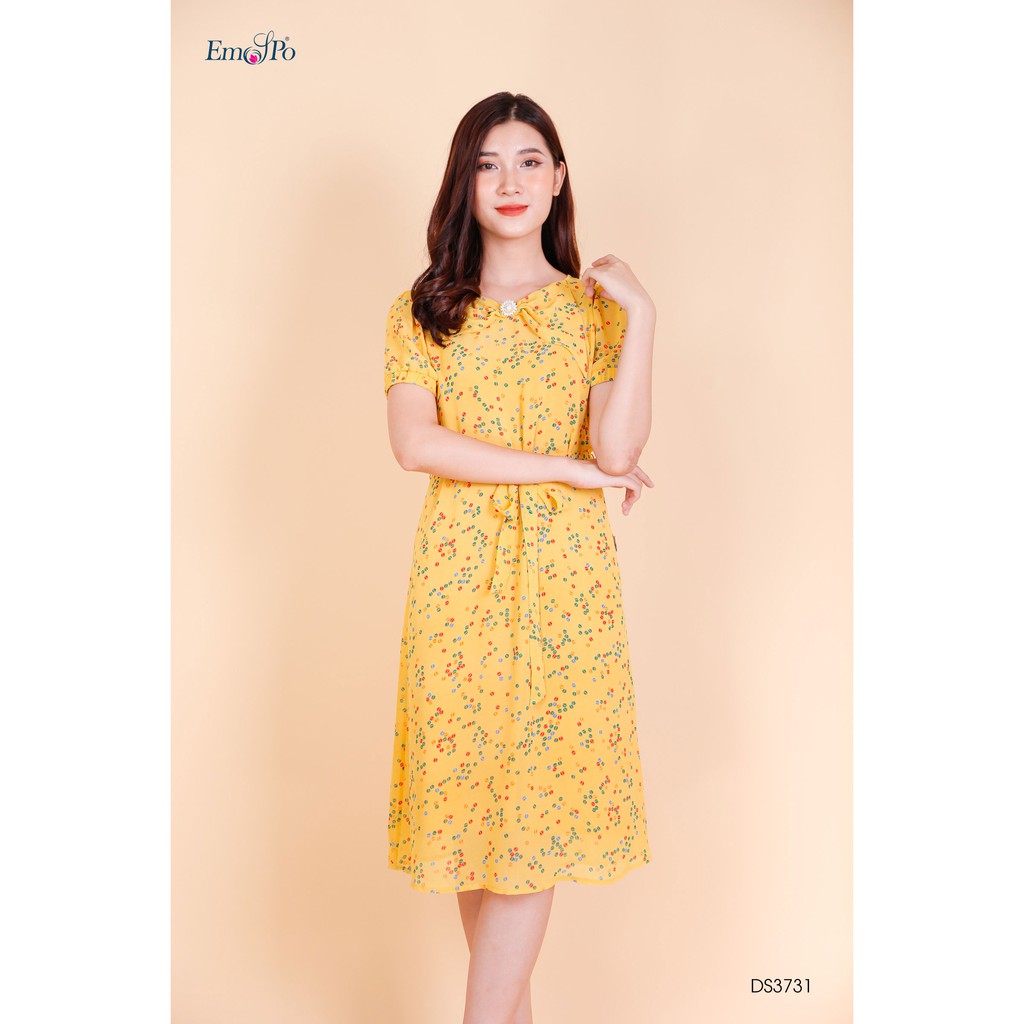 Đầm suông tay bo chun nơ kèm lót hai dây Emspo DS3731 (Be, Vàng)