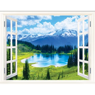 Tranh dán tường 3D  cửa sổ phong cảnh núi - VẢI LỤA  phủ kim sa (kích thước theo yêu cầu)