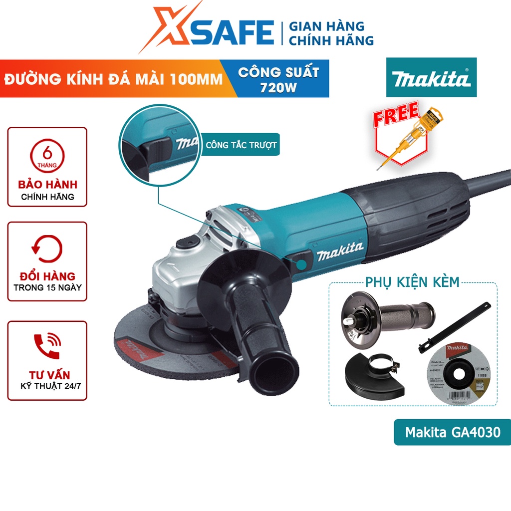 Máy mài góc cầm tay MAKITA GA4030 công tắc trượt, công suất 720W, chức năng chống khởi động lại, đường kính đá mài 100mm