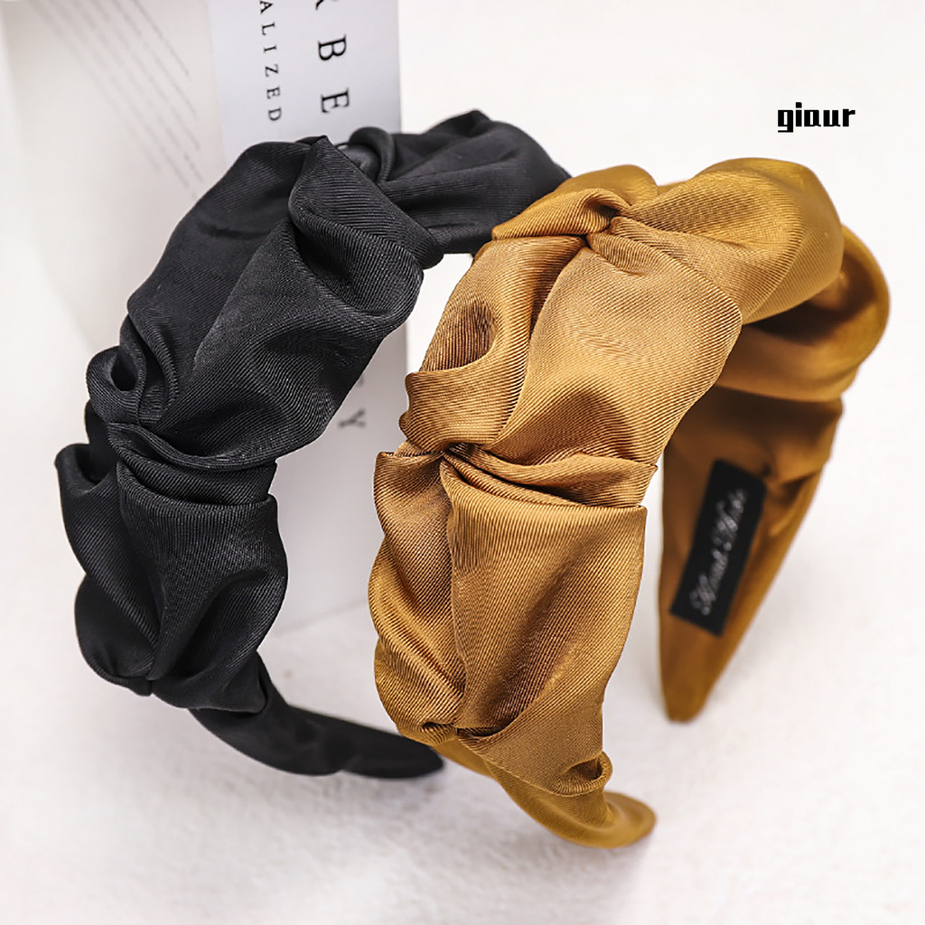 Băng Đô Cài Tóc Bản Rộng Xếp Ly Màu Sắc Trơn Không Trượt