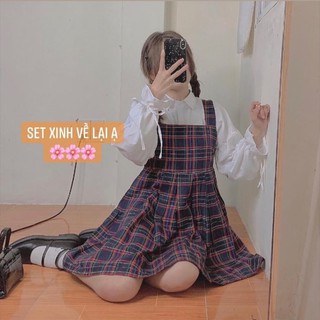 Set đầm baby doll kẻ caro, yếm caro kèm áo sơ mi trắng, set đầm đi chơi dễ thương