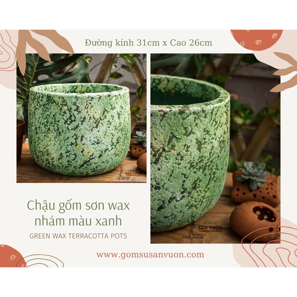 Chậu trồng cây gốm đất nung  DÁNG NỒI SƠN WAX MÀU XANH NHÁM D31xH26cm - gốm sứ sân vườn Bình Dương chất lượng cao