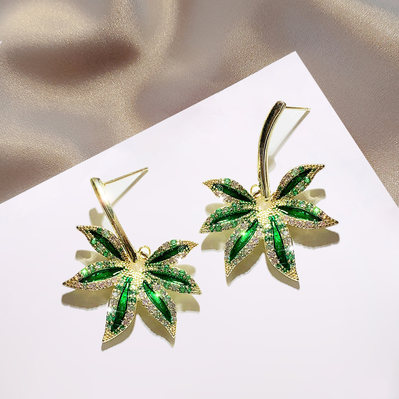 GREEN LEAF Đôi Bông Tai Mạ Bạc 925 Hình Chiếc Lá Đính Đá Thời Trang Cho Nữ
