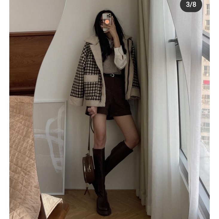 [Hàng sẵn] ÁO KHOÁC DẠ LÓT LÔNG CỪU KẺ NÂU | BigBuy360 - bigbuy360.vn