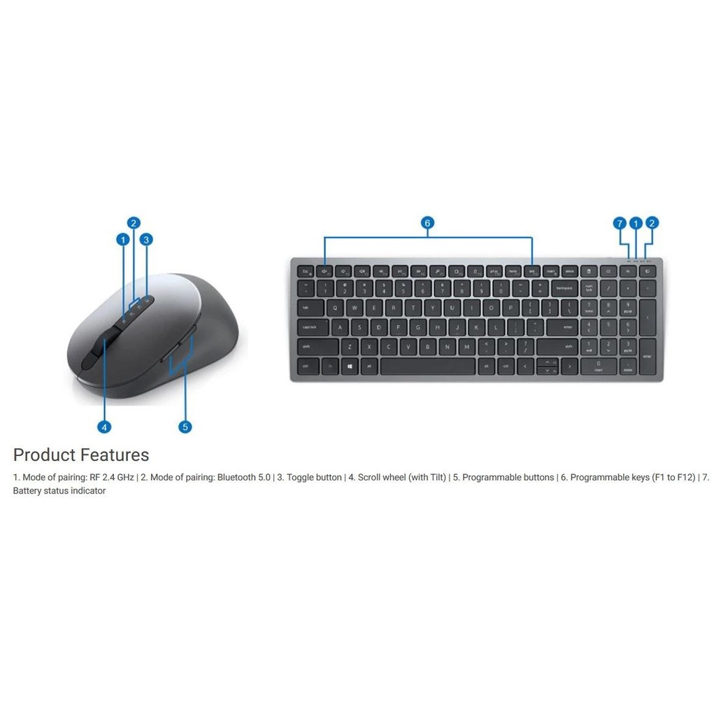 Dell KM7120W Multi Device Keyboard Mouse Combo - Bộ bàn phím & Chuột không dây kết nối 3 thiết bị: 2 Bluetooth và 1 USB